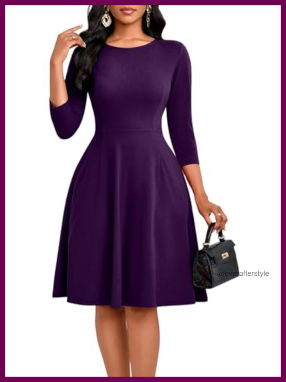 Women's A-Line Midi Dress 3/4 Sleeve Crew Neck Flowy Swing Casual